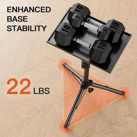 Heavy Duty Projector Stand With Adjustable Height From 22 To 36 Inches Portable Tripod Floor Stand for Office Home Stage And Studio Also Acts As Laptop Stand And DJ Rack Quick Five Minute Setup with weights demonstrating 22 lb capacity.