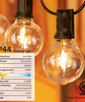 Close-up of G40 LED Replacement Bulbs 1W Shatterproof Globe, warm white light with E12 base in outdoor setting.