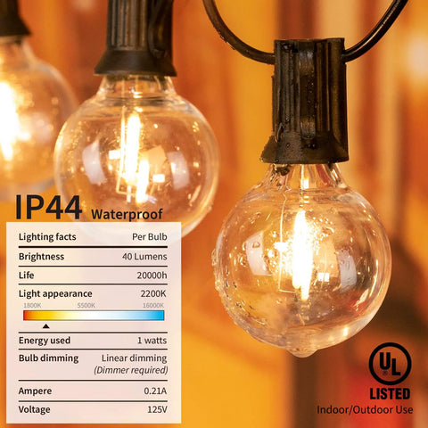 Close-up of G40 LED Replacement Bulbs 1W Shatterproof Globe, warm white light with E12 base in outdoor setting.