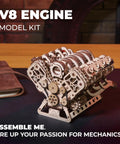 One Six Scale V8 Engine Wooden Model Kit For Adults With Moving Pistons Cam Shafts And Serpentine Belt 3D Mechanical Puzzle Hands On Diy Kit Functional Engine Replica With Electric Motor 776 Piece Count, wooden V8 engine model on display