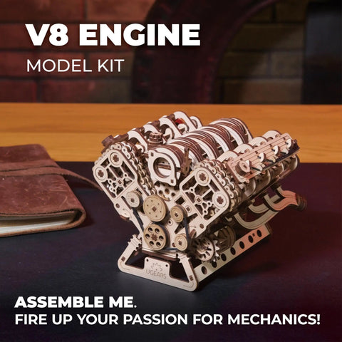 One Six Scale V8 Engine Wooden Model Kit For Adults With Moving Pistons Cam Shafts And Serpentine Belt 3D Mechanical Puzzle Hands On Diy Kit Functional Engine Replica With Electric Motor 776 Piece Count, wooden V8 engine model on display