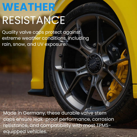 TPMS Tire Valve Caps Set Of 4 Black Alligator EHA Secure Air Pressure Caps on sports car wheel with yellow brake caliper