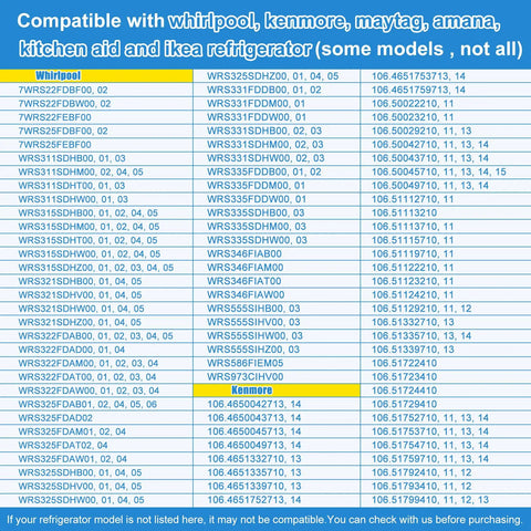 Compatibility chart for Water Inlet Valve Replacement For Whirlpool Kenmore Maytag Amana KitchenAid And IKEA Refrigerators Not All Models Ready To Install Durable Fit Replacement Part W10179146 Compatible With W10155357 AP6016381 PS11749668