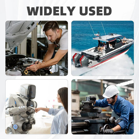 Realth Copper Anti Seize Thread Lubricant 30g; collage of automotive engine, boat, robot, and machinist at a lathe.