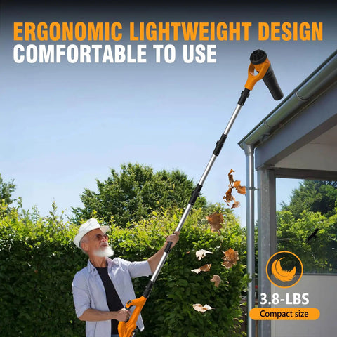Man using Ground Level Gutter Cleaning Kit For Home Use With 40V Cordless Leaf Blower No Ladder Needed, 55 inch pole in action