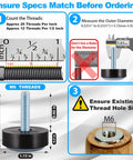 M6 furniture levelers specifications guide showing thread count, diameter measurement, and fitting instructions for 8 Pack M6 Furniture Levelers And Teflon Bottom Glides For Smooth Room Repositioning With Durable Hard Plastic Construction Perfect For Ikea And Imported Table Legs Or Cabinet Feet For Daily Home Setup.