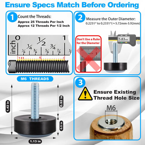 M6 furniture levelers specifications guide showing thread count, diameter measurement, and fitting instructions for 8 Pack M6 Furniture Levelers And Teflon Bottom Glides For Smooth Room Repositioning With Durable Hard Plastic Construction Perfect For Ikea And Imported Table Legs Or Cabinet Feet For Daily Home Setup.