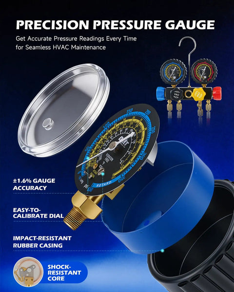 Heavy Duty Auto AC Vacuum Pump Kit With Four CFM One Third HP Motor Plus Four Way Manifold Gauge Leak Detector showing precision pressure gauge and rubber casing.