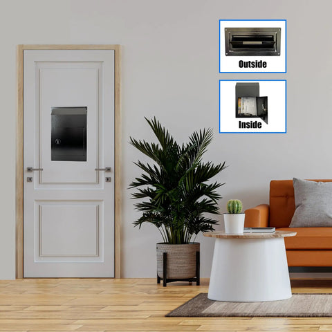 Rock Solid Through Door Drop Box With A Smooth Combo Lock And Rear Access Door view on a door, showing outside slot and inside compartment.
