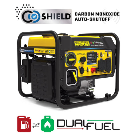 5500 Watt Dual Fuel RV Ready Portable Open Frame Inverter Generator with Quiet Technology in black and yellow frame