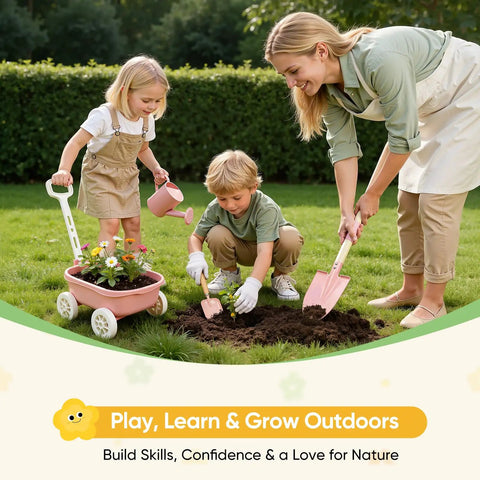 Kids Garden Set With Wheelbarrow And 11 Piece Outdoor Tool Kit For Backyard Beach And STEM Play Kid Sized Shovels Rake Hoe