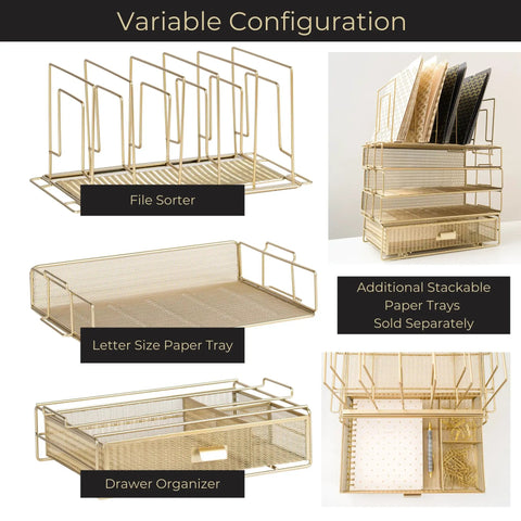 Gold Desk Organizer Set with Detachable File Organizer, Stackable Paper Tray, and Storage Drawer for Modern Office Desk