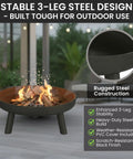 27.5 Inch Outdoor Wood Burning Fire Pit With Handles And Cover Black Lightweight 17.5 Lb with 3-leg steel design and flames