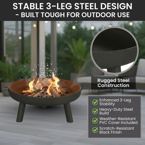 27.5 Inch Outdoor Wood Burning Fire Pit With Handles And Cover Black Lightweight 17.5 Lb with 3-leg steel design and flames