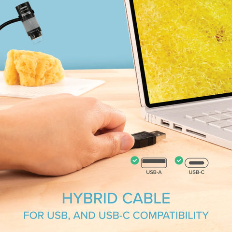250x USB Digital Microscope With Flexible Arm Stand, 2MP Micro Camera, Handheld USB And USB C, Compatible With Windows Mac ChromeOS Linux Android iPad, Ideal For Electronics Soldering And Coin Microinspections. USB microscope with USB-A and USB-C cable beside laptop.