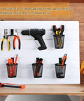 Six Piece Slatwall Cup Set With Hooks For Garage, Workshop, And Office Storage Metal Mesh Tool Holders in use on wall