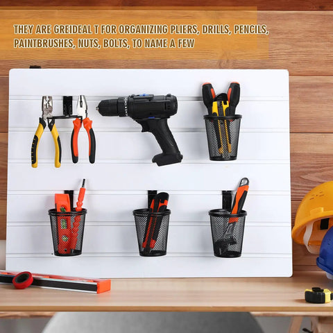 Six Piece Slatwall Cup Set With Hooks For Garage, Workshop, And Office Storage Metal Mesh Tool Holders in use on wall