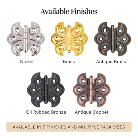 Heavy Duty Antique Brass Butterfly Cabinet Door Hinges Pack Of Two Surface Mount Furniture Hardware With Screws for Woodworking in 5 finishes.