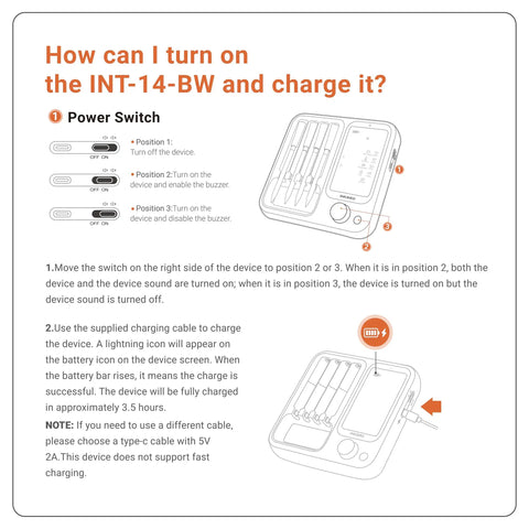 Instructions for turning on and charging the Four Probe Wireless Meat Thermometer With WiFi And Bluetooth Non Phone Connect Mode.