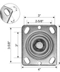 Beast Mode Eight Inch Swivel Caster With Secure Auto Lock Brake Heavy Duty Zinc Plated Steel Frame For Industrial Rigs And Gear Mods 1500 Lb Capacity Plate Upgrade dimensions showing mounting plate and bolt hole.