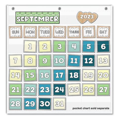 Durable Nylon Classroom Calendar Pocket Chart For 2.75 By 2.75 Cards displaying September 2023 with colorful date cards.