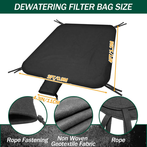 3x4ft Extra Large Dewatering Bags With Drawstring For Construction Sites Heavy Duty Non Woven Geotextile Filter Bag shown with dimensions