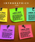 Colorful sticky notes pinned to a corkboard, displaying placeholder text in various colors for infographic design.