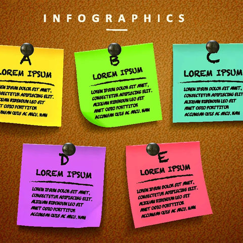 Colorful sticky notes pinned to a corkboard, displaying placeholder text in various colors for infographic design.