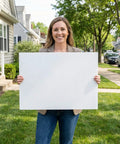 Woman holding 10 Pack 18x24 Heavy Duty Corrugated Plastic Yard Sign with Sturdy H Stakes for Estate Sales campaigns.