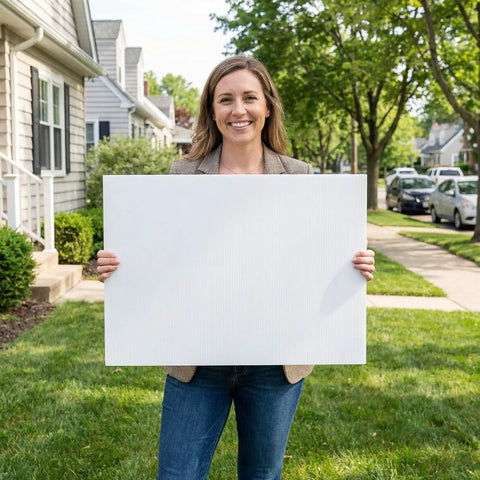 Woman holding 10 Pack 18x24 Heavy Duty Corrugated Plastic Yard Sign with Sturdy H Stakes for Estate Sales campaigns.