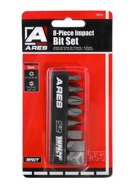 Eight Piece S2 Steel Impact Driver Bit Set With Phillips 1 2 3 4 And Slotted One Quarter Five Sixteenth Three Eighth And One Half Inch Bits In Durable Plastic Holder For Heavy Duty Automotive And Construction Projects in retail packaging.