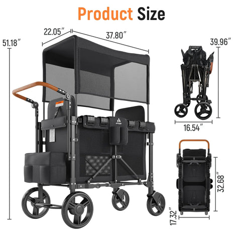 Double Wagon Stroller For Two Kids With Canopy And Removable Seat Pads One Hand Fold Shock Absorbent Wheels Safety Harness And Generous Storage With Cup Holders Front And Underseat Baskets shown in folded and open views with dimensions