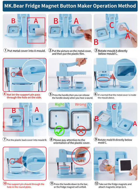 Instructions for using the No Sweat DIY Fridge Magnet Button Press Machine with Complete One Hundred Piece Starter Pack.
