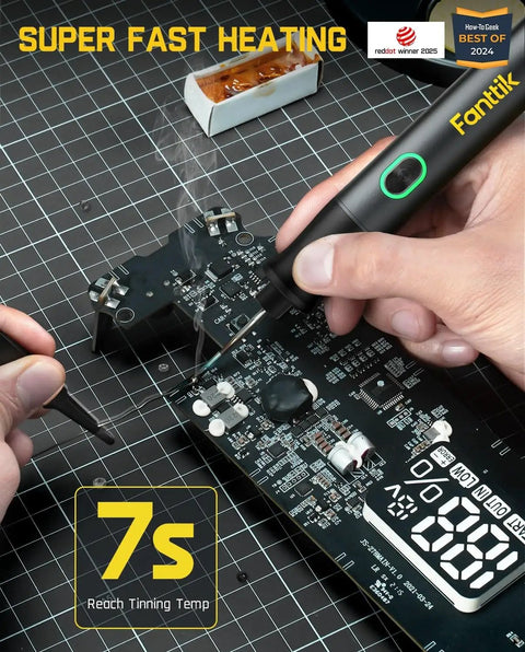 Person using T1 Max Cordless Soldering Iron Kit With 7 Second Heat Up From 390 To 840 Fahrenheit for electronics repair on circuit board.
