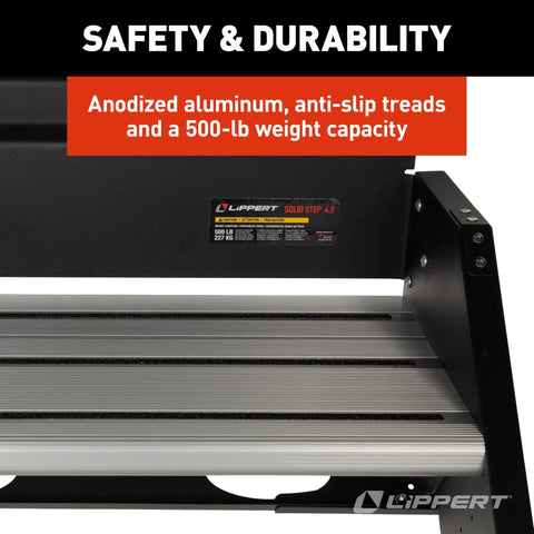 Quad RV Entry Steps 4.0 Premium With Lift Assist Gas Struts 30 Inch Wide Step XL Top Tread 8 Inch Rise 500 Pound Weight Capacity Adjustable Legs Recessed Feet No Bounce Stability For Safe Camp Entry, black anodized aluminum step tread