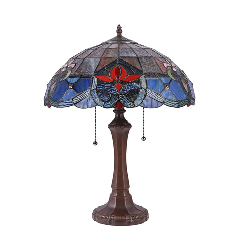 Caspian Tiffany Style Dark Bronze Two Light Victorian Table Lamp With 16 Inch Shade Crystal Beads Glass Accents Pull Chain Indoor Vintage Vibe Home Decor featuring colorful stained glass shade and ornate bronze base.