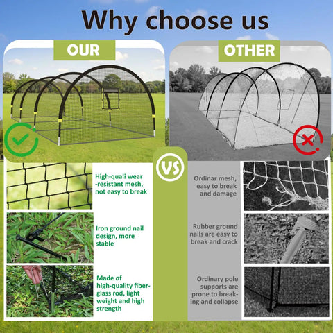 Comparison of Backyard Baseball Batting Cage With 30ft By 12ft By 8ft Frame Portable Practice Net and another cage highlighting durability and material.