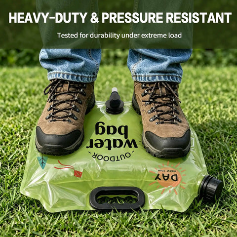 Person standing on a 2 Gallon Collapsible Camping Water Container With Spout, Leakproof Foldable Water Jug For Outdoor Hiking on grass