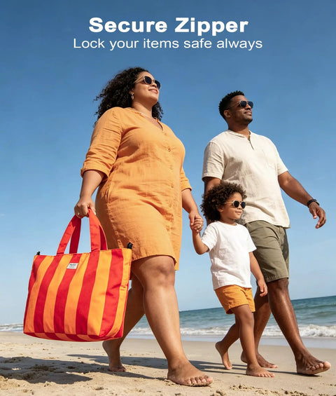 Woman on beach holding Waterproof Sandproof Beach Tote For Women With Zipper XL Large Blue Bag Ultra Lightweight Under 1 Pound