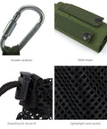 Rugged Tactical Molle Water Bottle Pouch With Carabiner Foldable Mesh Holder close-up showing carabiner, Molle straps, mesh pocket, and drawstring.