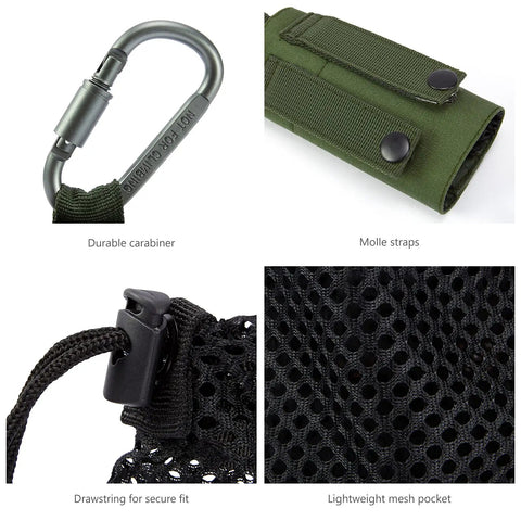 Rugged Tactical Molle Water Bottle Pouch With Carabiner Foldable Mesh Holder close-up showing carabiner, Molle straps, mesh pocket, and drawstring.