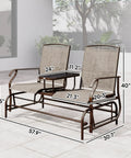 Outdoor Glider Bench With Center Table Metal Frame Patio Loveseat With Breathable Mesh Fabric And Armrests For Backyard Garden Porch Brown Perfect For Patio Lounging And Entertaining Friends Under The Sun, showcasing dimensions.