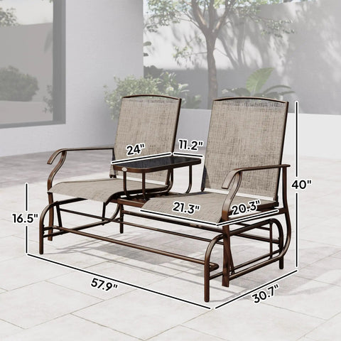 Outdoor Glider Bench With Center Table Metal Frame Patio Loveseat With Breathable Mesh Fabric And Armrests For Backyard Garden Porch Brown Perfect For Patio Lounging And Entertaining Friends Under The Sun, showcasing dimensions.