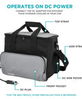 Portable Electric Cooler Bag Keeps Your Drinks Straight Up Frosty On Weekend Road Trips 15 Liter Soft Sided Thermoelectric Fridge With Dc Car Adapter For Travel Storage showing top and side straps, front pocket, and DC plug.
