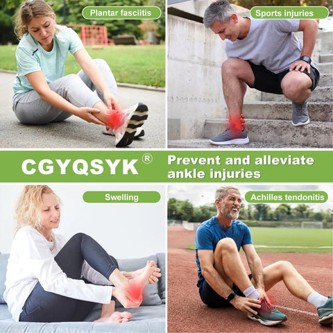 Collage highlighting people using ankle braces for plantar fasciitis, sports injuries, swelling, and Achilles tendonitis.