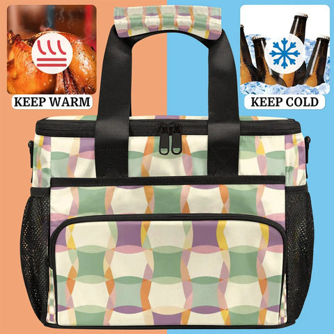 Insulated Picnic Backpack Lunch Bag For Women And Men, Green Purple Design, portable cooler tote with warm and cold icons