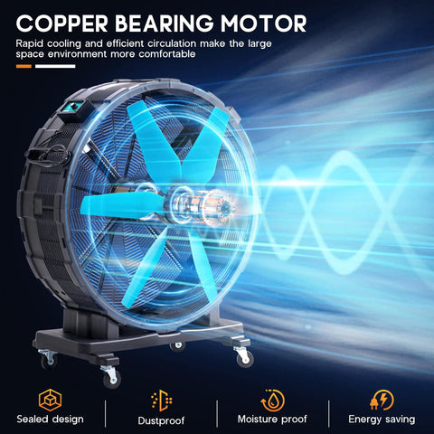 48 Inch Industrial Drum Fan With 17,660 CFM High Velocity Airflow, 750W Copper Motor on wheels, displaying airflow effect