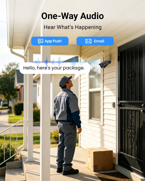 Delivery person near door with 4 Pack 4K 8MP PoE Security Cameras Wired Bullet IP66 Waterproof Outdoor Indoor Surveillance Cams.