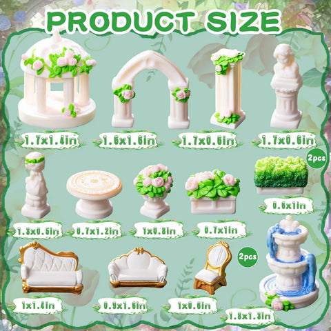 15 Pcs Mini Garden Furniture Ornaments Set For Do It Yourself Fairy Garden And Micro Landscape Decor Totally Durable Resin Patio Table Chair Bench Arch Fountain Statues Set displayed with dimensions