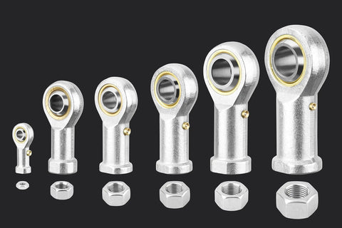 SI6T K Rod End Bearing Set, 4 Pieces, 6mm Bore, Self Lubricating M6x1 Right Hand Female Thread Heim Joint With Jam Nuts, Carbon Steel Body With White Zinc Plating, 13 Degree Angular Misalignment, shown with jam nuts